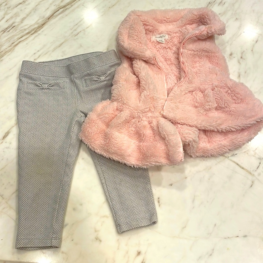 Mudpie cozy pink vest with Janie and Jack herringbone leggings